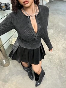 GalTyme 大码女式复古做旧酸洗圆领半拉链长袖T恤，秋冬