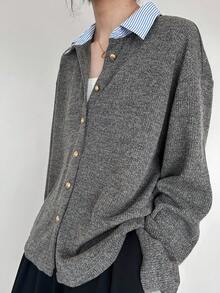 FRIFUL Women's Fashion Casual Striped Patchwork Lapel Button Long Sleeve T-Shirt Ribbed Shirt Grey Shirt Long Sleeve Button Up Grey Blouse Collared Shirt,Fall Women Clothes Thin Cardigan