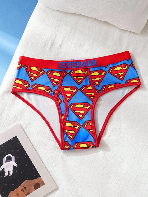 SUPERMAN X SHEIN Slips pour hommes avec bande contrastée et imprimé de bande dessinée