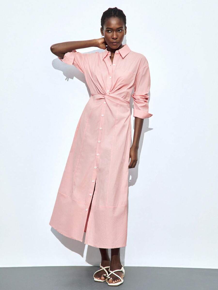 Maija 长袖连衣裙，腰部打结，衬衫领，单排扣设计，褶皱腰身，适合音乐节、复活节、都市商务休闲场合，秋冬