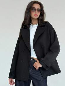 Aloruh Abrigo casual de mujer de unicolor, de doble botonadura, con hombros caídos y mangas largas, para otoño/invierno - Negro - Ver 5