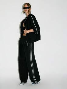 KIZN 反光条纹防风运动夹克拉链连帽衫冬季休闲街头风外套带侧袋柔软毛绒夹克 - 黑色 - 查看 6