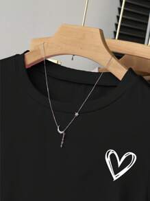 Women's Heart Print Round Neck Short Sleeve T-Shirt - Burgundy - View 3