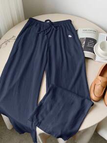 Comfortcana Quần ống rộng thêu họa tiết vải lanh xanh navy dành cho nữ - Màu xanh hải quân - Xem 6