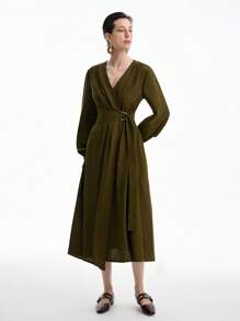 Aalyst Olivgrüner modischer minimalistischer D-Schnallen Gürtel Dekor Design, Damen Lässig Pendler Kleid - Armeegrün - Übersicht 3