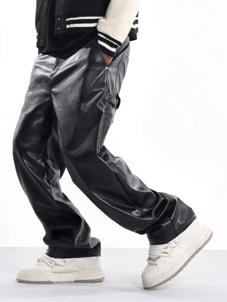 Pantaloni da carpentiere in similpelle a gamba larga con tasche portaoggetti