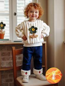 SHEIN طقم بلوزة وبنطلون شتوي للبنات مزين بزهرة ثلاثية الأبعاد