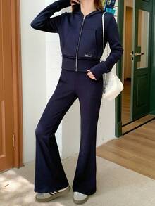 SHEIN Teen Girls Casual Fitted Jacket Hoodie Long Sleeve And Flared Leg Pants Co-Ord Set