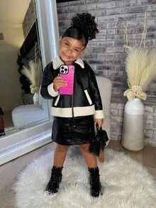 SHEIN Young Girl Woven PU Leather Long Sleeve Zip-Up Casual Jacket, Colorblock Thermal Lined Long Sleeve Jacket, Versatile For Autumn/Winter, Warm Winter Outerwear For Outdoor, Party, Snow Play,Suitable For Commuting And Outdoor Wear,Class Black & White.Mommy & Me. Fall - Black - View 8