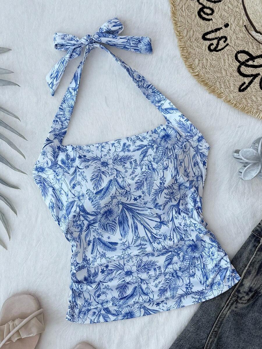 SHEIN 少女印花露背百褶吊带背心,适合夏季,百搭日常穿着 - 藍白色 - 查看 1