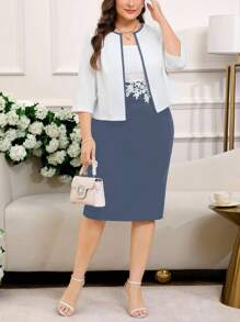 Reflora Plus Size Elegant Lace Contrast Color 2 Pieces Set For Women - Dusty Blue - View 7