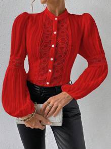 Chiquease Guipure Lace Insert Lantern Sleeve Blouse For New Year Clothes Women Shirt - Red - View 6
