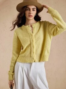 Briarwyn 秋冬老款女装纯色圆领落肩长袖休闲宽松薄款黄色开衫返校季保暖毛衣开衫 - 黃色 - 查看 3