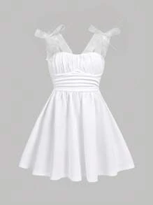 Girlism 少女杏色褶饰胸前蝴蝶结装饰吊带背心连衣裙，休闲甜美返校装 - 白色 - 查看 3