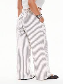 Solavibe Plus Size Striped Straight Leg Casual Pants, Minimalist & Fashionable, Suitable For Summer - Apricot - View 3