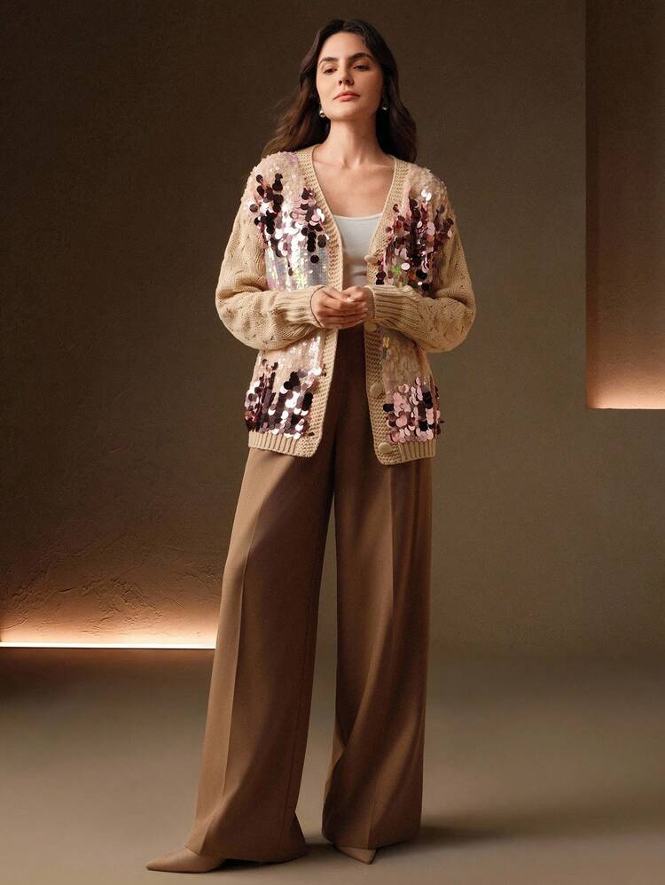 New Stylish V-Neck Cardigan Sweater For Women, Featuring Sequins Embellished Design, Suitable For Fall, Autumn, Winter, Elegant, Chic, New Year, Casual, Christmas