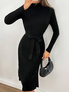 SHEIN Tall Belted Detailed Rib-Knit Solid Color Casual Frenchy Sweater Dress - Black - View 3