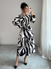 Elenzga Elegant Wavy Print Pocket Tie-Waist Midi Shirt Dress For Women