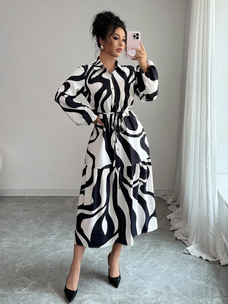 Elenzga Elegant Wavy Print Pocket Tie-Waist Midi Shirt Dress For Women