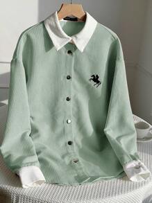 Comfortcana 轻盈长袖橄榄刺绣马匹图案夹克，完美打造休闲风格马匹刺绣衬衫，秋冬灯芯绒衬衫