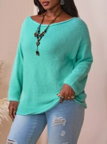 SHEIN CURVE+ 大码纯色斜肩针织休闲宽松大码套头衫女秋装，冬季，CURVE PLUS/秋冬 - 綠色 - 查看 4