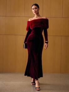 MOTF PREMIUM 天鹅绒露肩毛绒拼接美人鱼下摆长裙 - 酒紅色 - 查看 5
