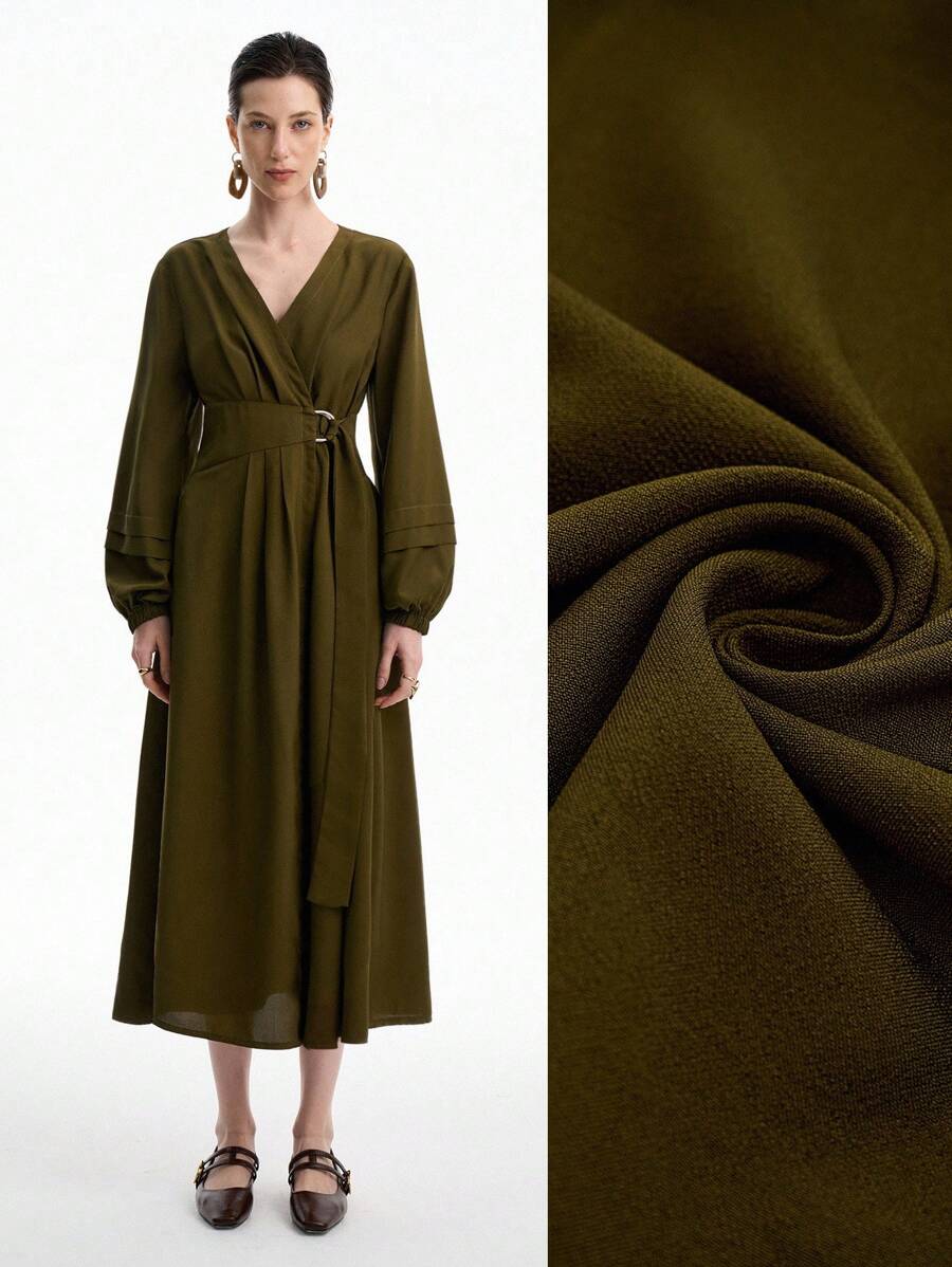 Aalyst Olivgrüner modischer minimalistischer D-Schnallen Gürtel Dekor Design, Damen Lässig Pendler Kleid - Armeegrün - Übersicht 1