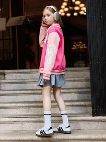 SHEIN Explorewe Veste de baseball à imprimé graphique et blocs de couleurs pour fille, à la mode et polyvalente, idéale pour l'école, le quotidien, les trajets domicile-travail, l'automne et l'hiver.