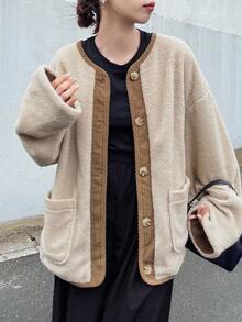 FRIFUL Áo khoác cổ tròn cổ điển chất liệu giả lông cừu Colorblock dáng rộng cho nữ, Áo khoác mùa đông cho nữ - Màu be - Xem 7