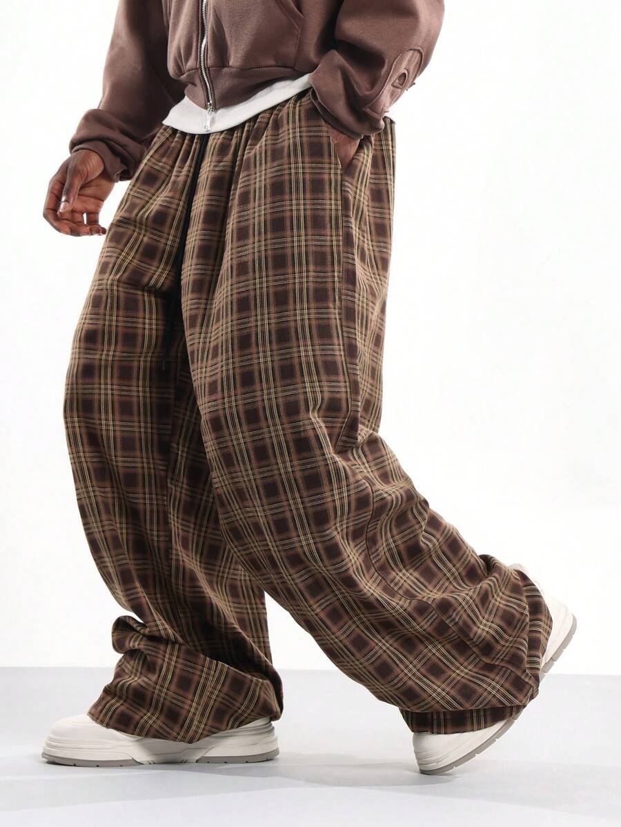 SUMWON 阔腿格子裤高腰宽松格纹裤超大冬季秋季时尚复古风格经典棕色图案 - 彩色 - 查看 1
