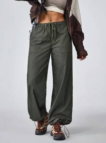Pantalones vaqueros de pierna ancha con cintura con cordón y bolsillos para mujer, pantalones para exteriores para senderismo, protección solar, ligeros y de secado rápido con bolsillos para senderismo - Verde militar - Ver 4