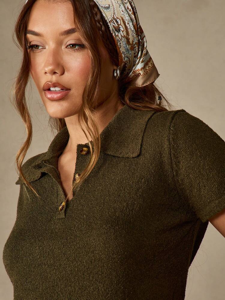 MISSGUIDED 复古风格针织 Polo 衫短款上衣复古美学罗纹修身纽扣前襟秋冬休闲基本款学院风乡村核心短袖 - 軍綠色 - 查看 3