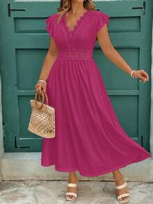 SHEIN Clasi 大码女式春夏连衣裙，白色针织提花弹力蕾丝拼布领腰 A 字长袖连衣裙