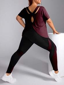 Rhythm Era Bộ đồ thể thao áo thun tay ngắn hở lưng cỡ lớn & quần legging chắp vá màu tương phản - Màu Đỏ Sâu - Xem 3