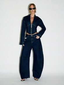 KIZN Denim Zip Front Cropped Jacket High Fashion Corset Style Y2K Retro 90s Dark Wash Long Sleeve Winter Fall Statement Piece Structured Streetwear - Dark Wash - View 3