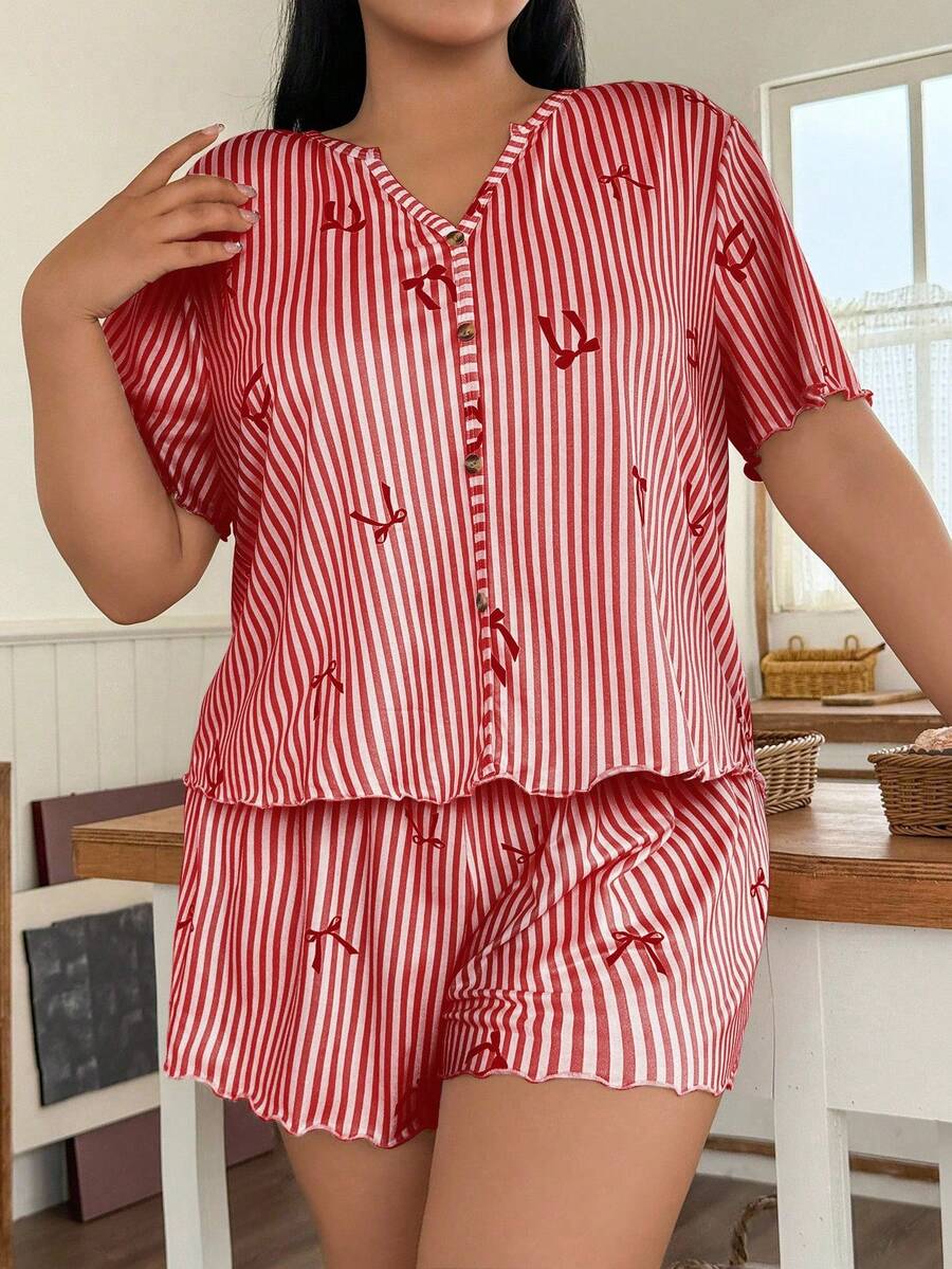 SHEIN 条纹蝴蝶结印花休闲纽扣大码睡衣套装 - 紅色 - 查看 1