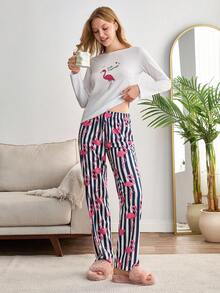 Set pigiama da donna composto da 2 pezzi, camicia a maniche lunghe in cotone con stampa fenicottero carino e pantaloni a righe e con motivo fenicottero, comodo abbigliamento da casa