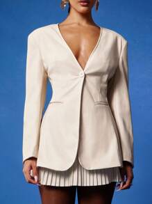 NYA SZN Lange Ärmel Blazer mit tiefem V-Ausschnitt, Knopfverschluss, bescheiden, formell, oversized, figurbetont, Business-Lässig, Alltagsmode, Hochzeitsgast, Brautjungfern-Outfits für Frauen - Weiss - Übersicht 1