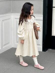 DAZY Kleine Mädchen Peter Pan Kragen Spitze Patchwork Midi Süßes Lässig Kleid Herbst,Winter - Aprikosenfarben - Übersicht 4