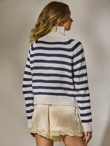 Aralina 冬季/秋季条纹立领拉链毛衣返校女士针织条纹套头衫教师 - 藍白色 - 查看 2