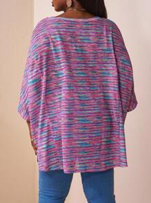 SHEIN CURVE+ 大码休闲度假彩色花卉开衩下摆3/4袖宽松T恤女秋装，冬季，CURVE PLUS/秋冬 - 彩色 - 查看 2