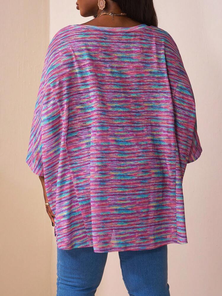 SHEIN CURVE+ 大码休闲度假彩色花卉开衩下摆3/4袖宽松T恤女秋装，冬季，CURVE PLUS/秋冬 - 彩色 - 查看 2