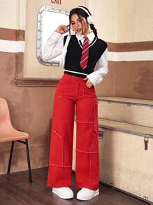 SHEIN PETITE 女款純色休閒牛仔褲，小碼女款 - 紅色 - 查看 5