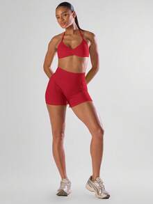 Musera Sport Solid Ruched Bust Open Back Halter Sports Bra, Active Comfy Workout Gym Running Run Clubpadel, Tennis, Pickleball - Red - View 3