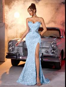 Glamrae Elegant Sequin Embroidered Lace Patchwork Strapless Neckline High Slit Fishtail Formal Evening Gown For Women, For Valentine's Day - Baby Blue - View 2