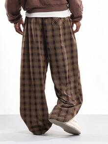 SUMWON 阔腿格子裤高腰宽松格纹裤超大冬季秋季时尚复古风格经典棕色图案 - 彩色 - 查看 2
