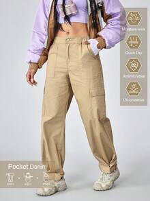 Jeans cargo de couleur unie décontractés pour femmes - Kaki - Voir 1