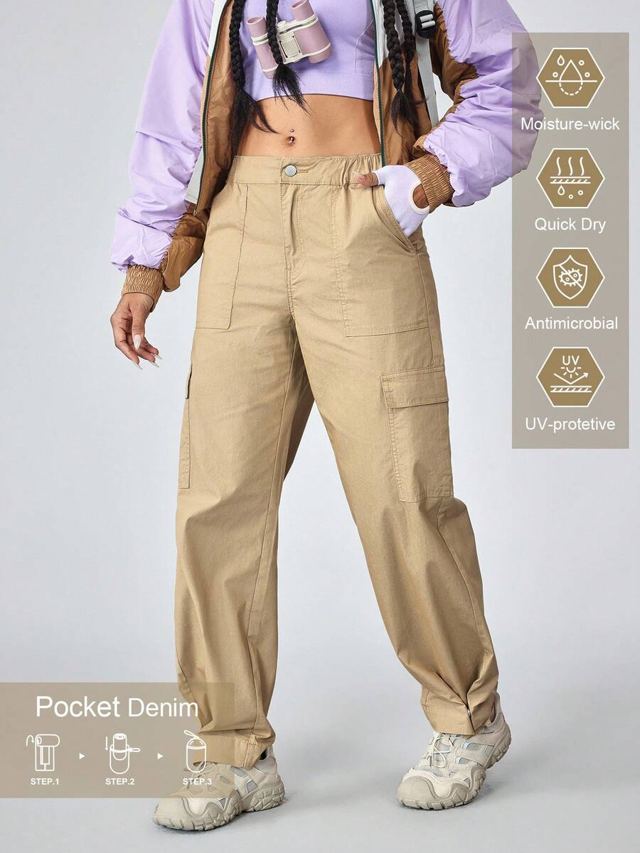 Jeans cargo de couleur unie décontractés pour femmes - Kaki - Voir 1