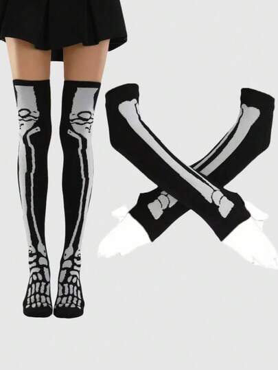 Grunge Punk 2 Pairs Halloween Thigh High Socks With Gloves Set, Retro Streetwear Over-The-Knee Socks For Women