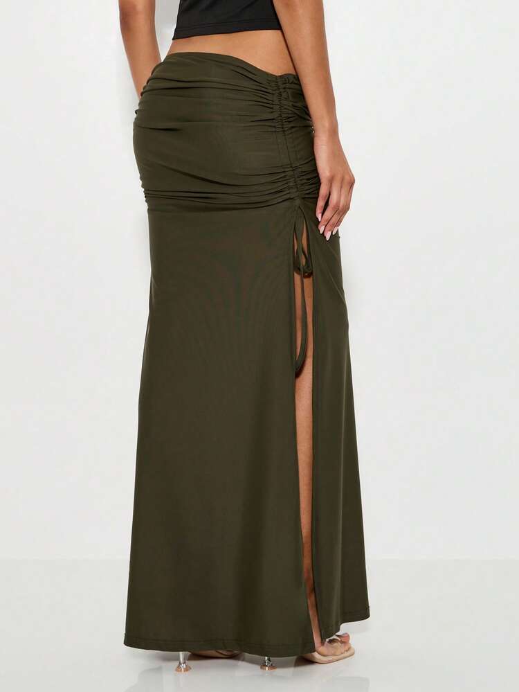 KIZN Side Ruched Maxi Skirt With Adjustable Drawstring
